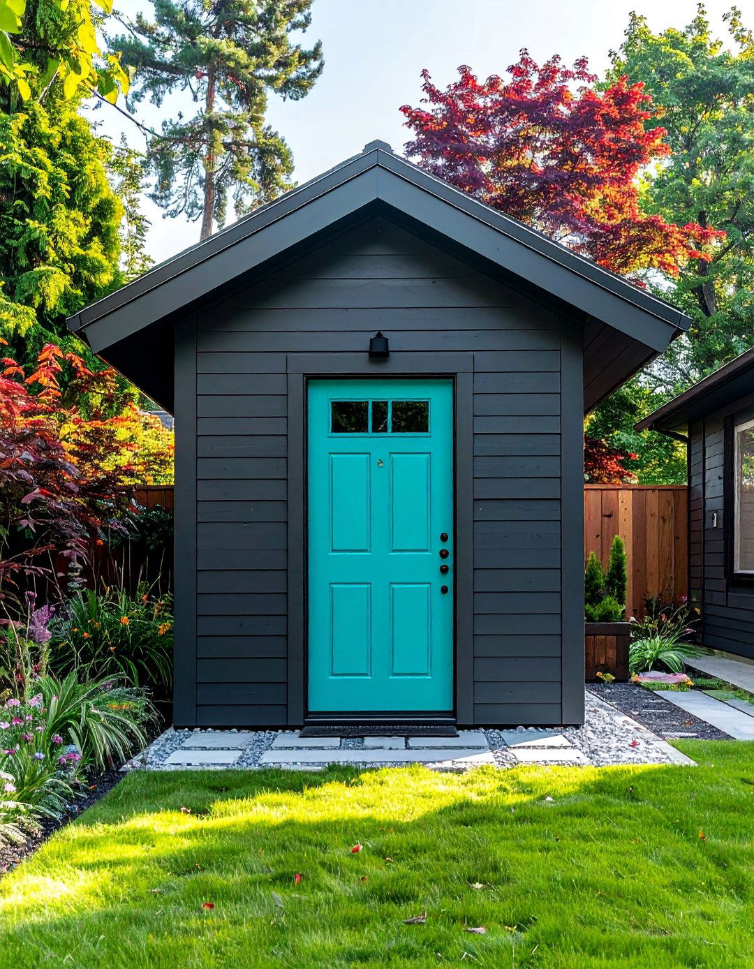 Dark Gray with a Bright Door Shed Color - 20 Shed Color Ideas to Transform Your Outdoor Space