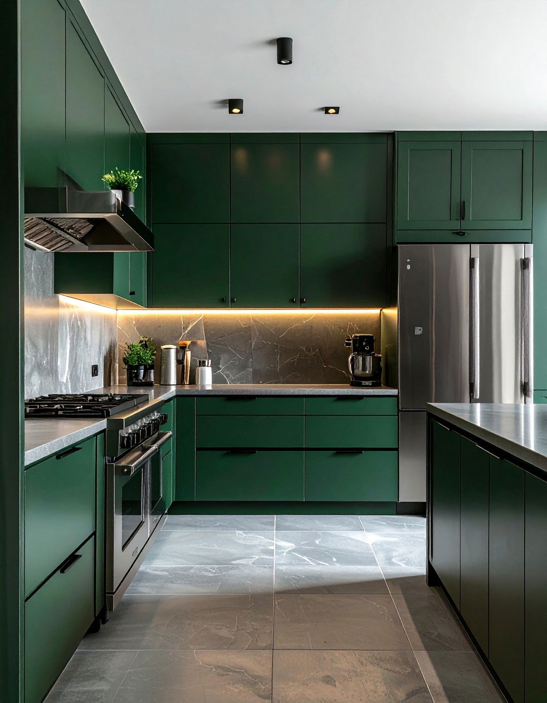 Dark Green Cabinets and Stainless Steel Appliances - 40 Dark Green Kitchen Ideas for a Bold and Stylish Look