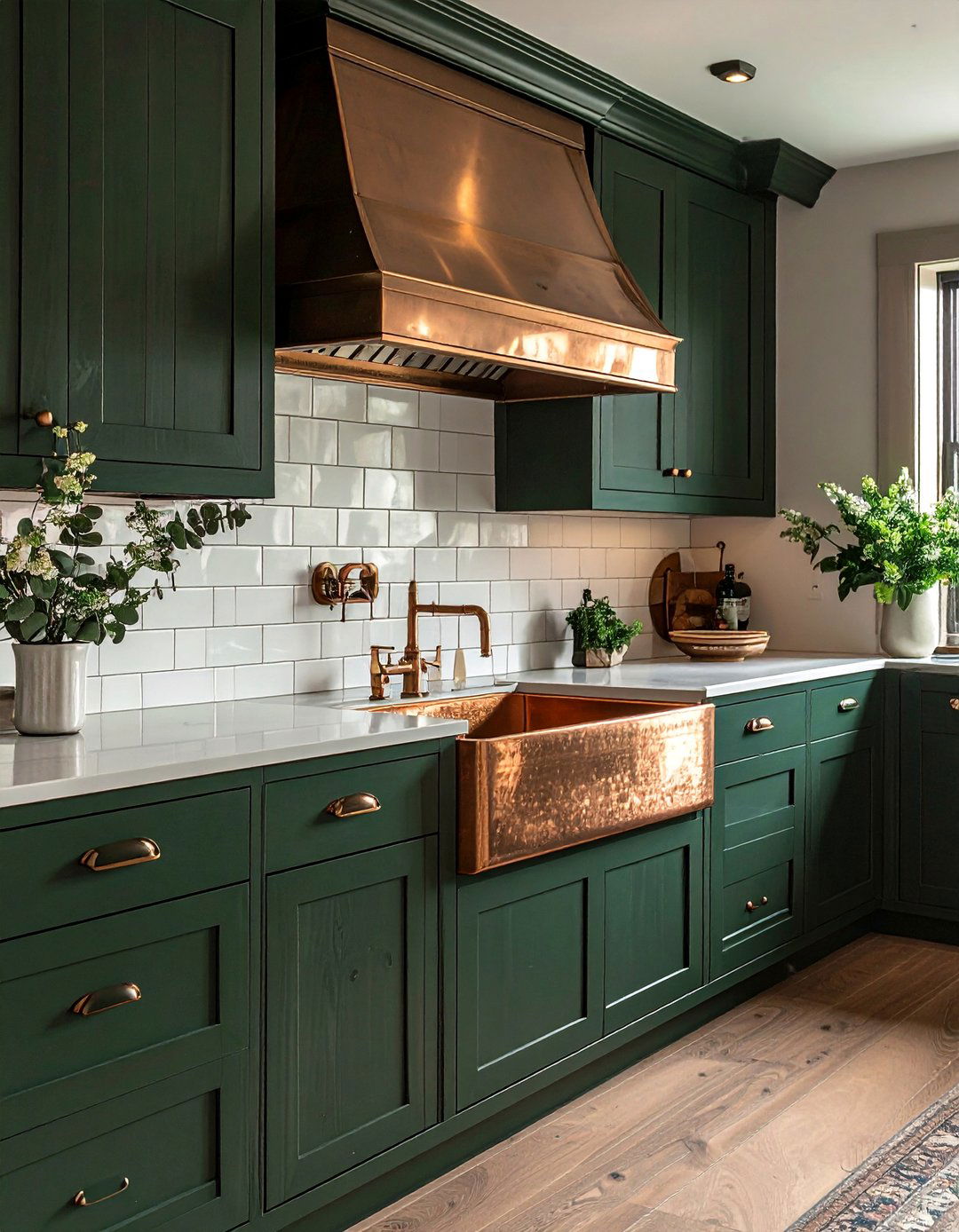 Dark Green Cabinets and a Copper Sink - 40 Dark Green Kitchen Ideas for a Bold and Stylish Look