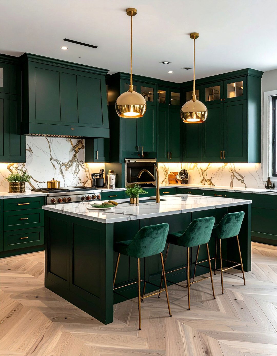 Dark Green Cabinets with White Marble Countertops - 40 Dark Green Kitchen Ideas for a Bold and Stylish Look