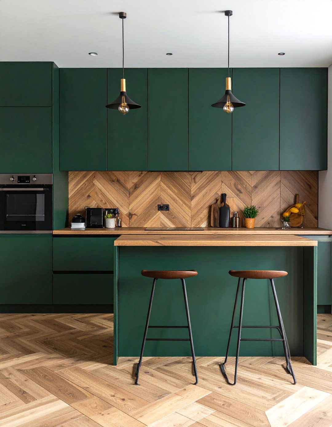 Dark Green Cabinets with a Chevron Wood Backsplash - 40 Dark Green Kitchen Ideas for a Bold and Stylish Look