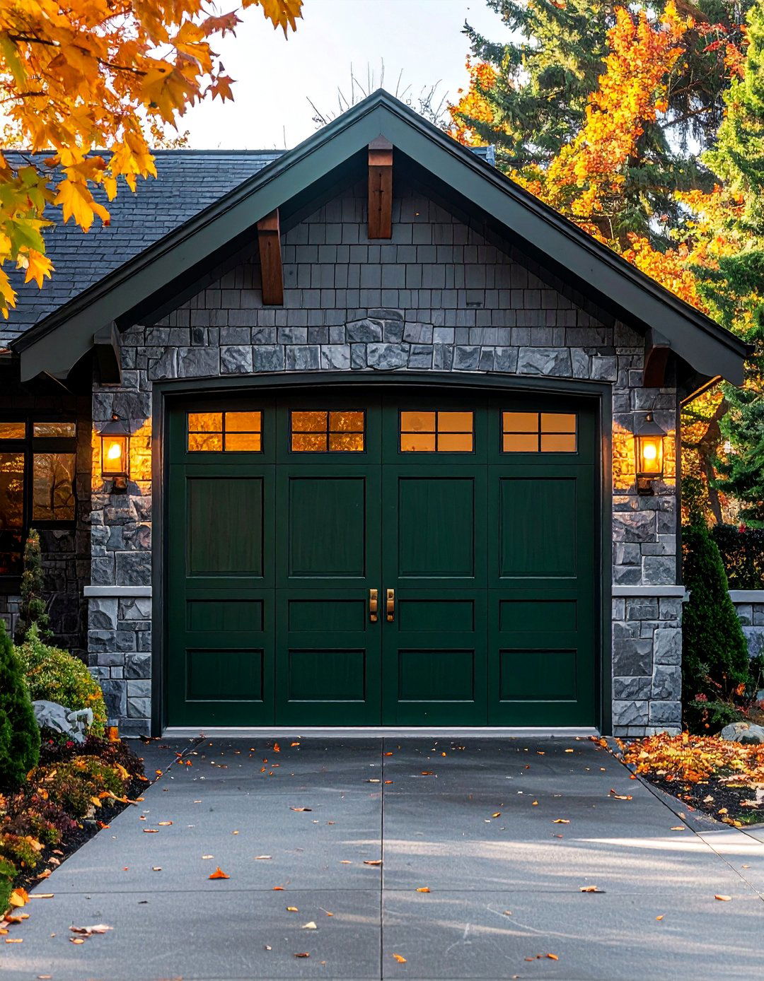 Dark Green Garage Door with Brass Hardware - 20 Green Garage Door Ideas to Boost Curb Appeal