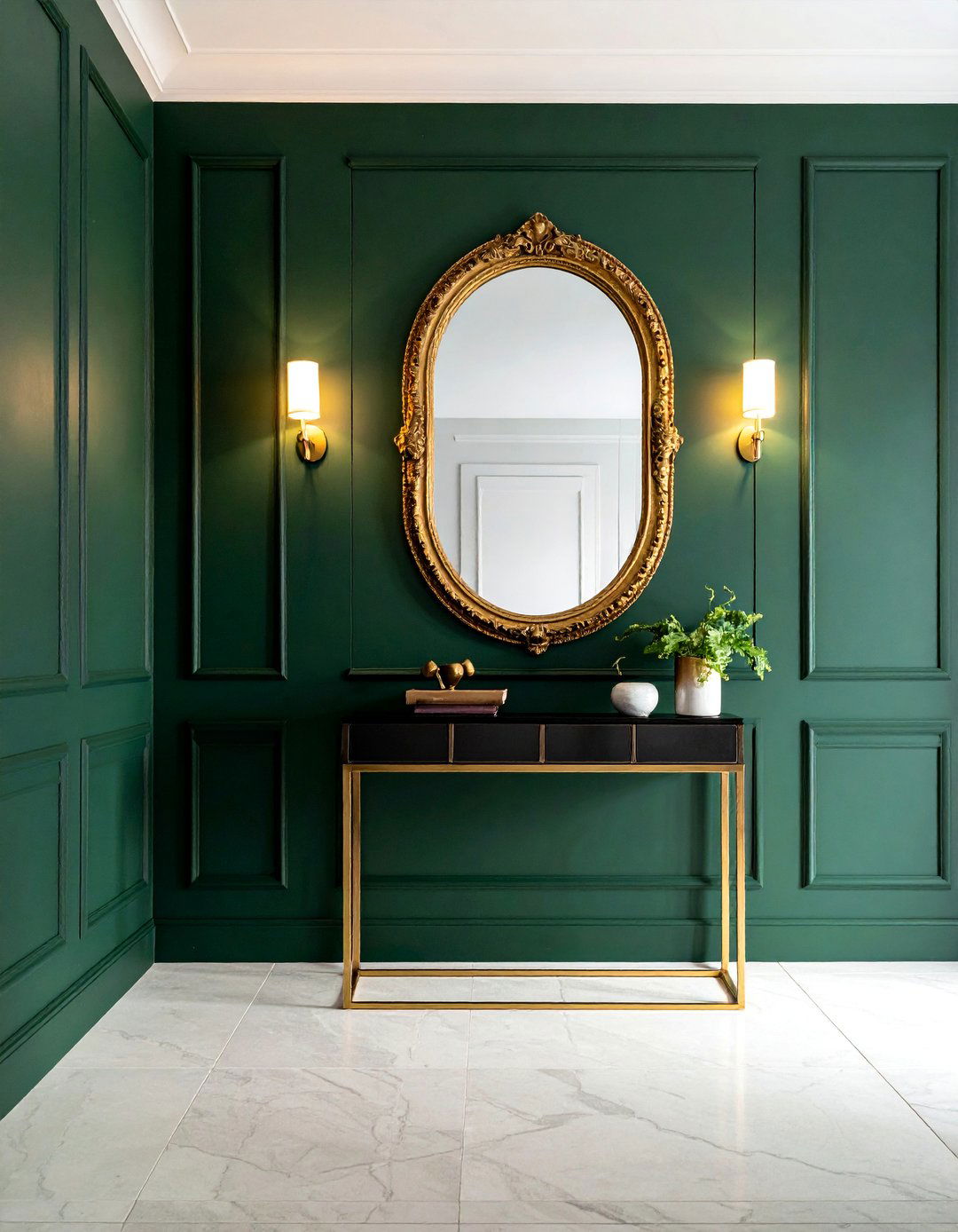 Dark Green Hallway with Gold Accents - 20 Green Hallway Ideas for a Fresh and Inviting Space