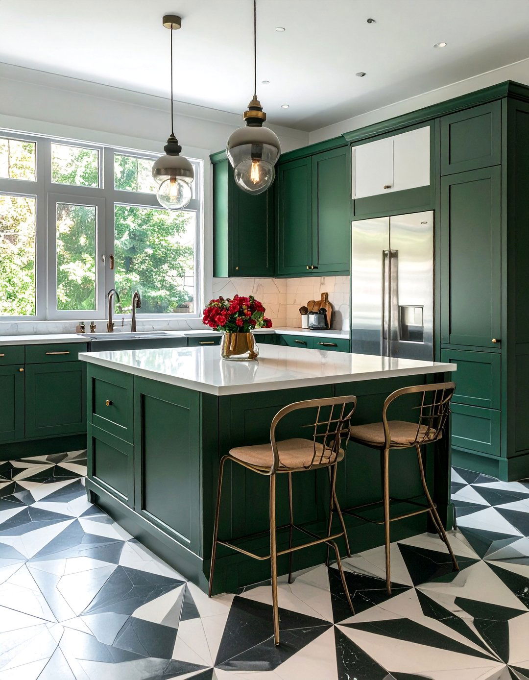 Dark Green Kitchen Featuring a Patterned Floor - 40 Dark Green Kitchen Ideas for a Bold and Stylish Look
