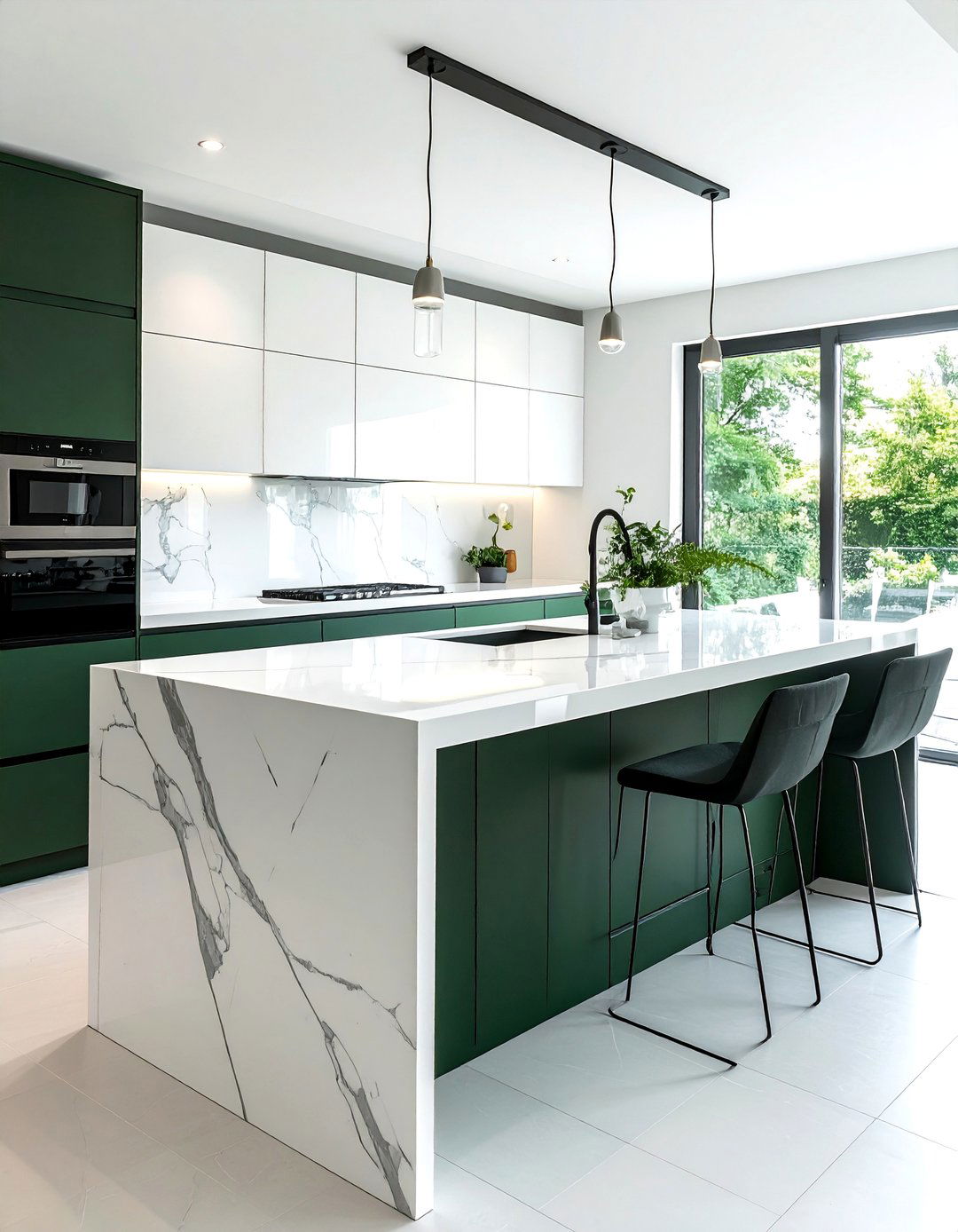 Dark Green Kitchen Island with a Waterfall Countertop - 40 Dark Green Kitchen Ideas for a Bold and Stylish Look