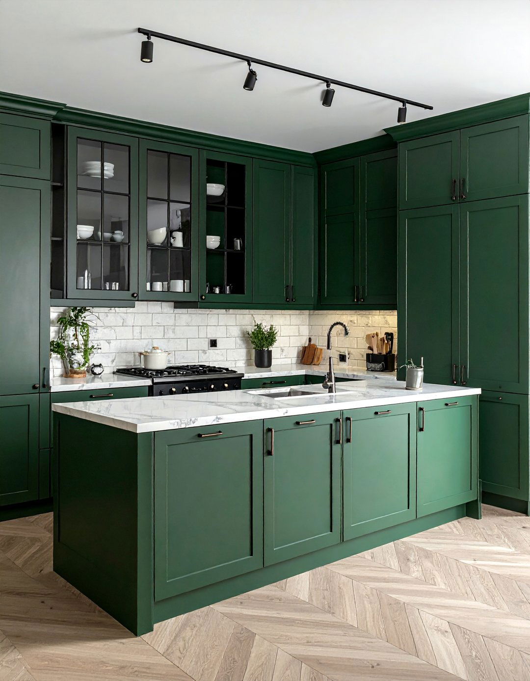 Dark Green Kitchen with Black Framed Glass Doors - 40 Dark Green Kitchen Ideas for a Bold and Stylish Look