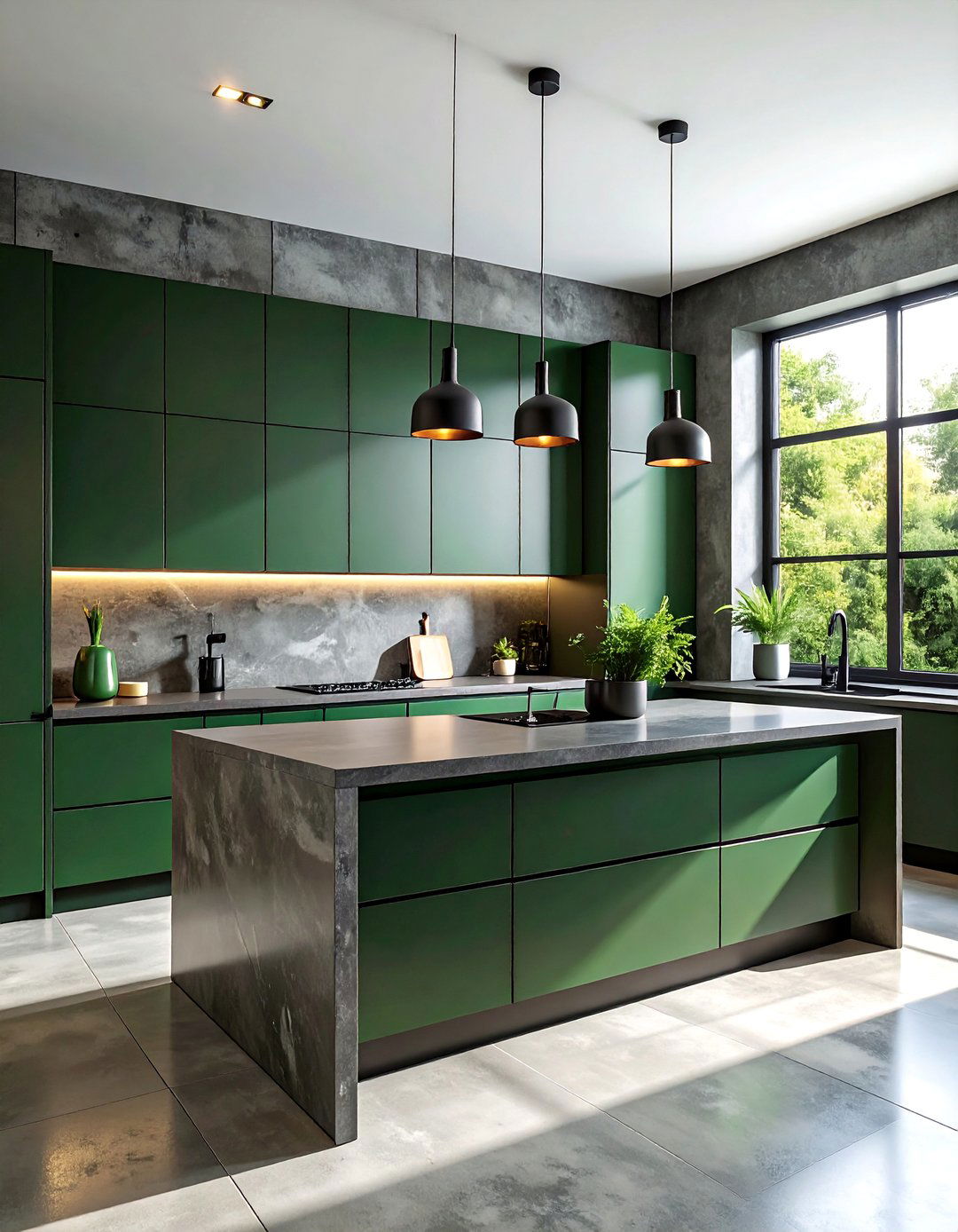 Dark Green Kitchen with Concrete Countertops - 40 Dark Green Kitchen Ideas for a Bold and Stylish Look