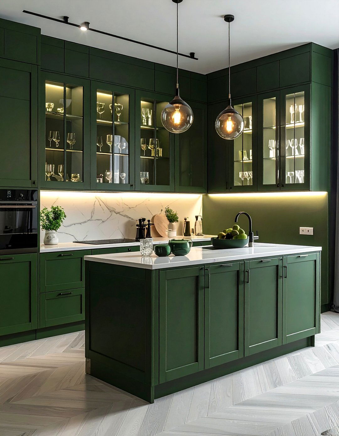 Dark Green Kitchen with Fluted Glass Cabinets - 40 Dark Green Kitchen Ideas for a Bold and Stylish Look