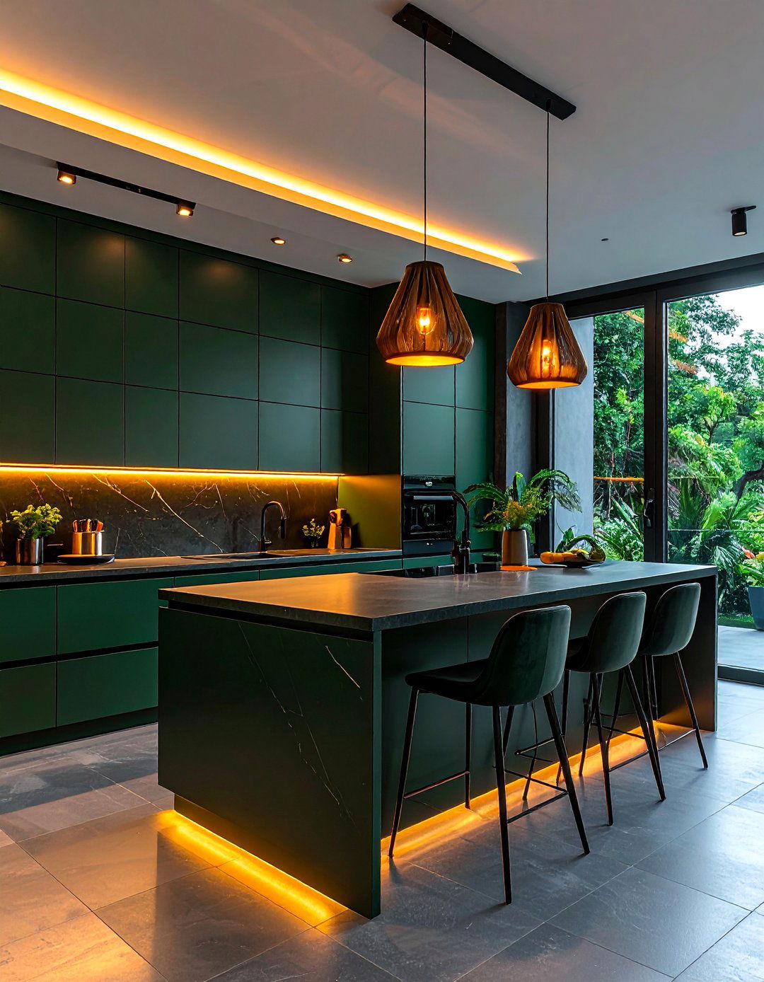 Dark Green Kitchen with Layered Lighting - 40 Dark Green Kitchen Ideas for a Bold and Stylish Look