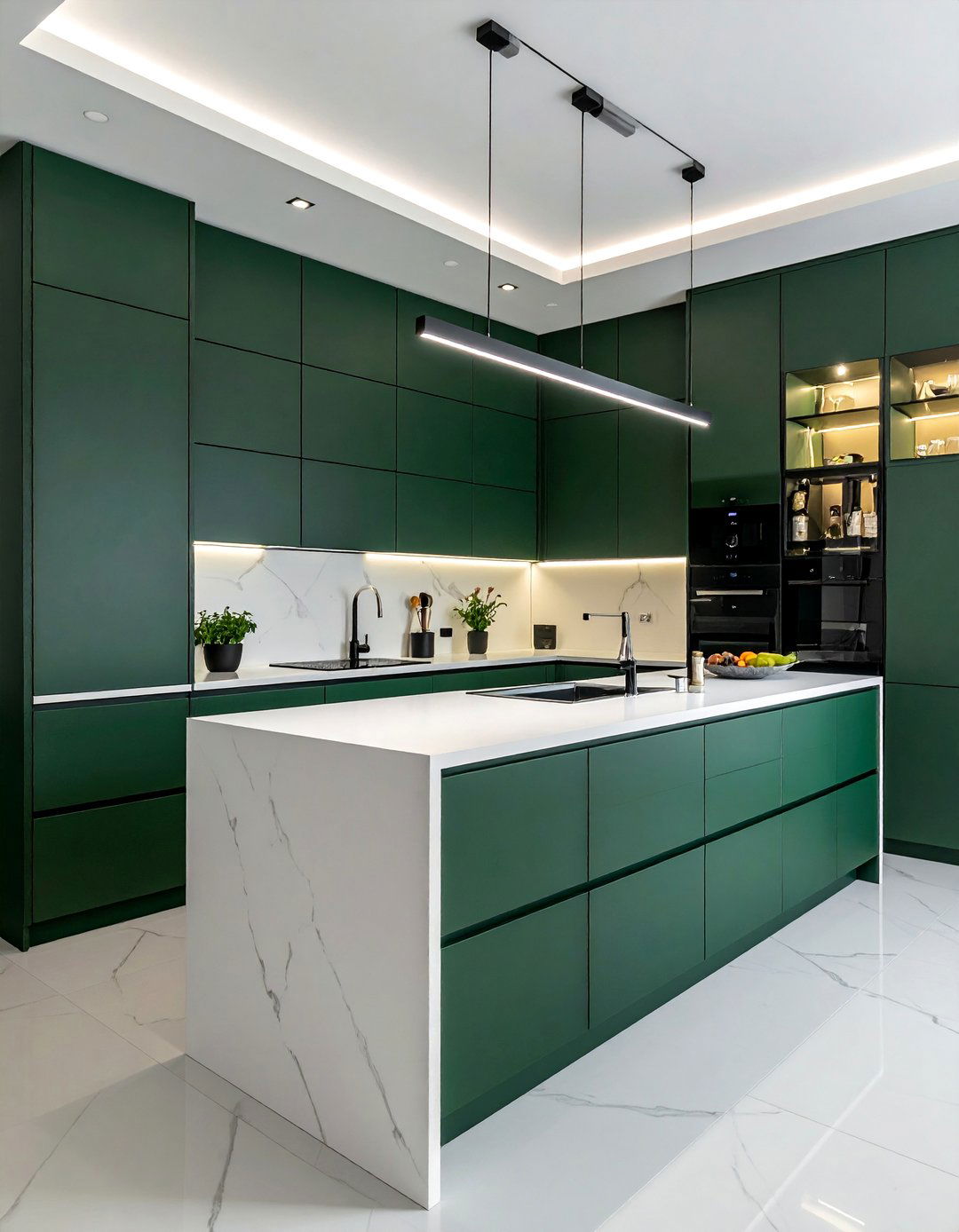 Dark Green Kitchen with Minimalist Handleless Cabinets - 40 Dark Green Kitchen Ideas for a Bold and Stylish Look