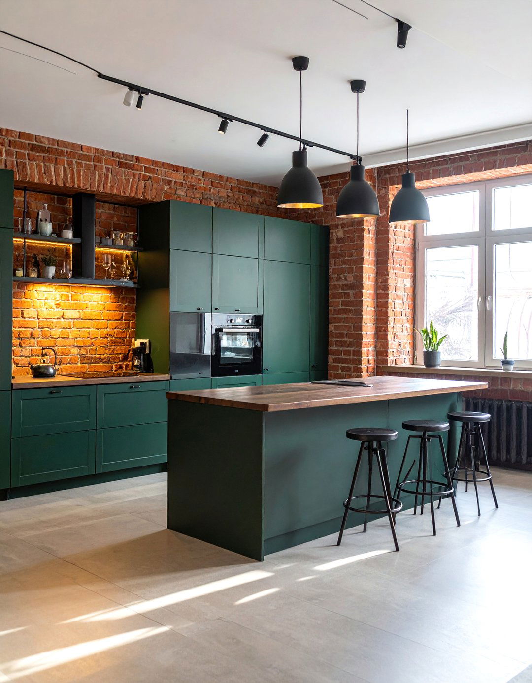 Dark Green Kitchen with a Brick Backsplash - 40 Dark Green Kitchen Ideas for a Bold and Stylish Look