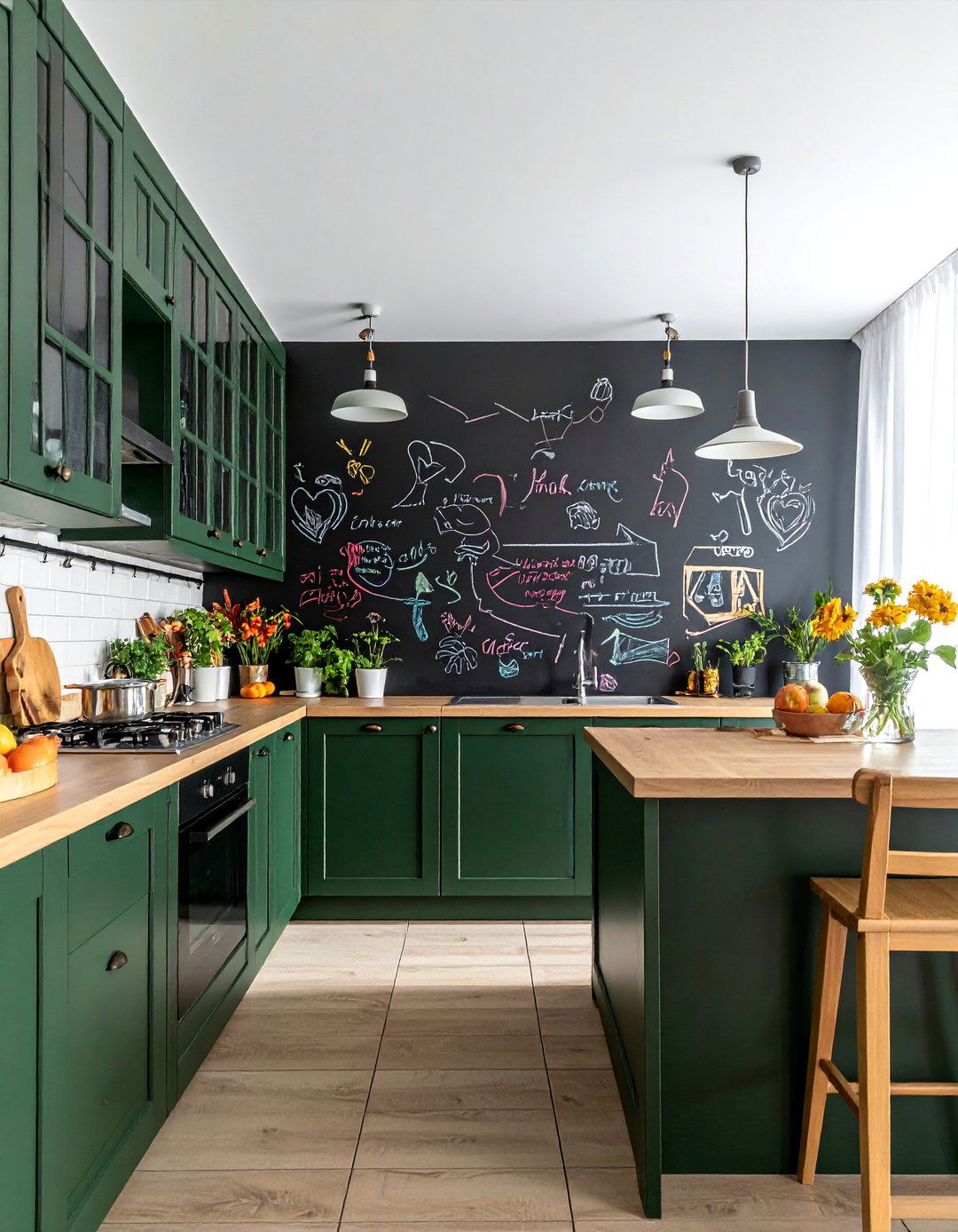 Dark Green Kitchen with a Chalkboard Wall - 40 Dark Green Kitchen Ideas for a Bold and Stylish Look