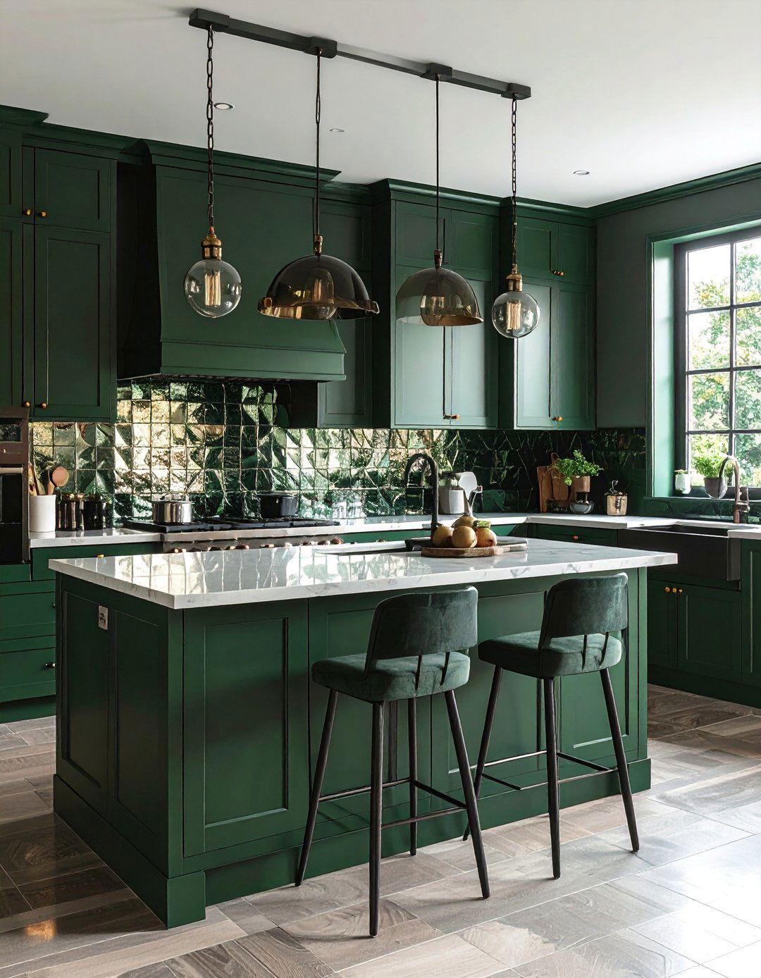 Dark Green Kitchen with a Mirrored Backsplash - 40 Dark Green Kitchen Ideas for a Bold and Stylish Look