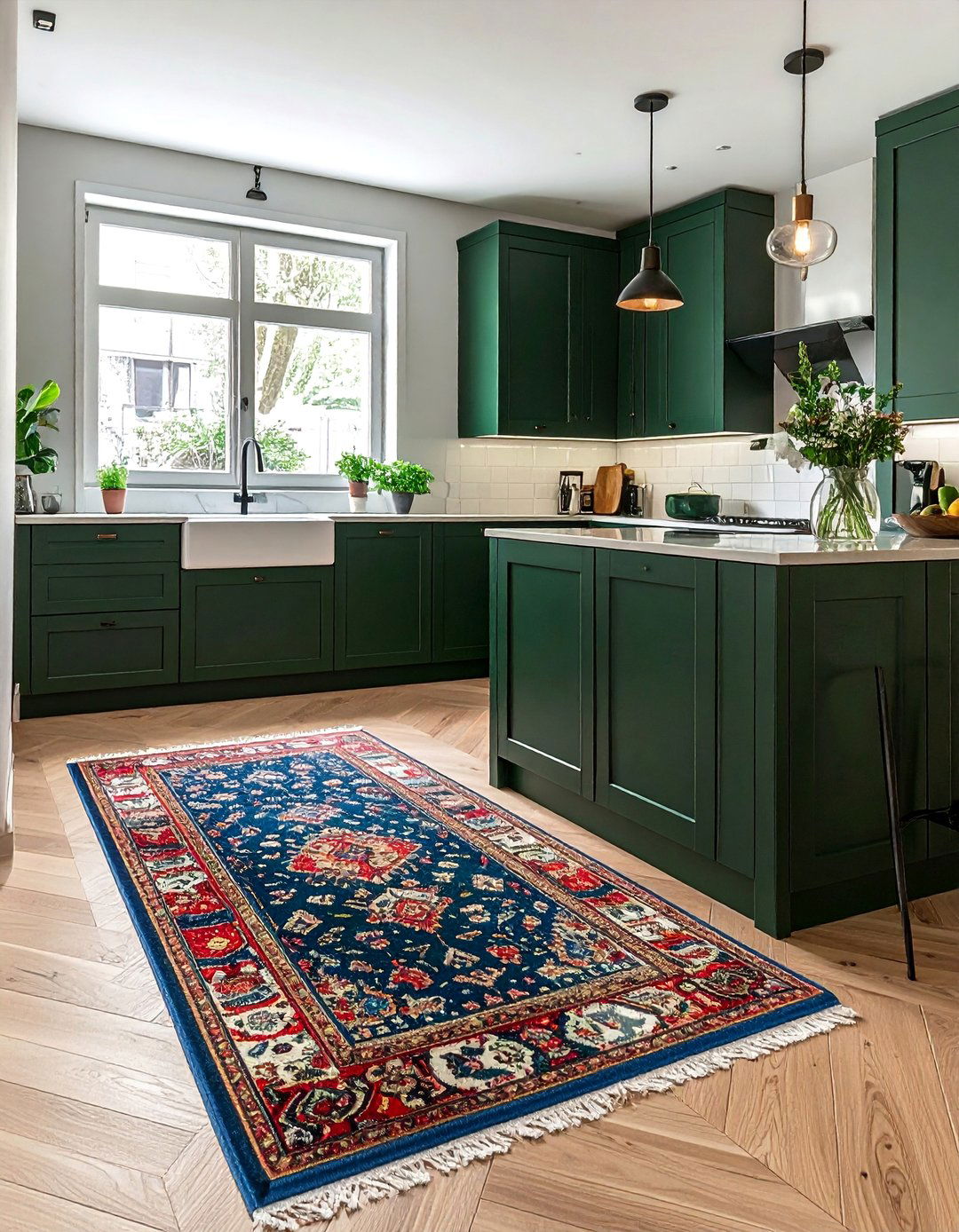 Dark Green Kitchen with a Statement Runner Rug - 40 Dark Green Kitchen Ideas for a Bold and Stylish Look