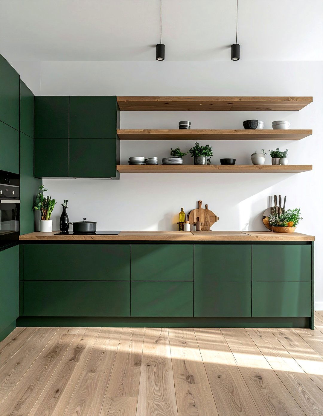 Dark Green Lower Cabinets and Open Upper Shelves - 40 Dark Green Kitchen Ideas for a Bold and Stylish Look