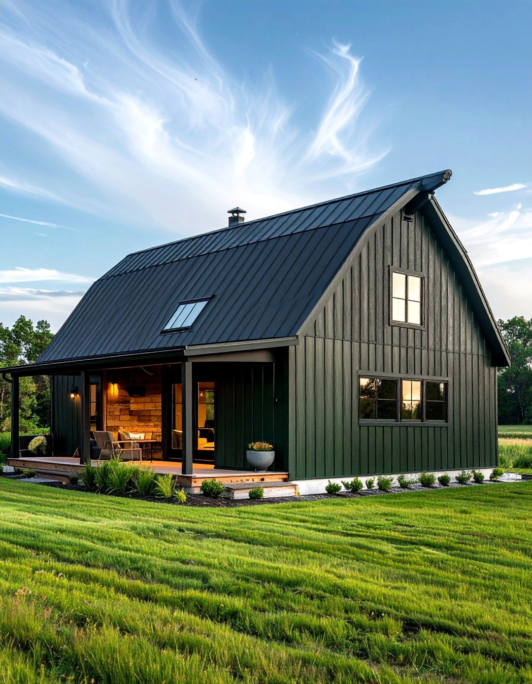 Dark Green Metal Siding on a Barn Style Home - 40 Dark Green Exterior Paint Color Schemes for Bold Homes