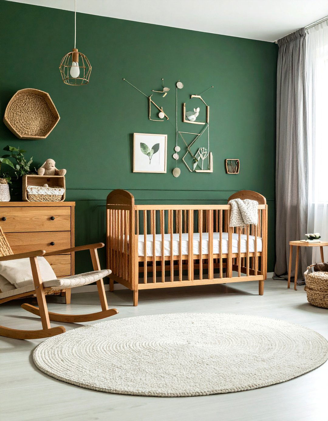 Dark Green Nursery Featuring Natural Wood Furniture - 25 Dark Green Nursery Ideas for a Calming Space