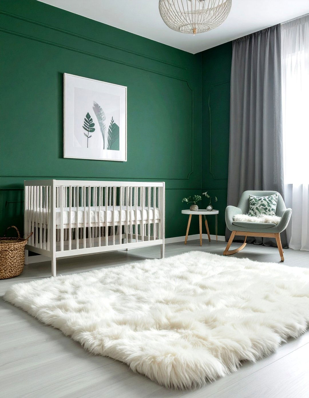 Dark Green Nursery Featuring a Faux Fur Rug - 25 Dark Green Nursery Ideas for a Calming Space