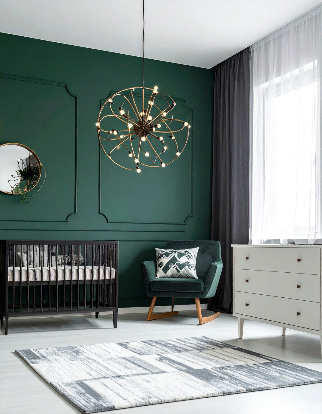 Dark Green Nursery Featuring a Statement Light Fixture - 25 Dark Green Nursery Ideas for a Calming Space
