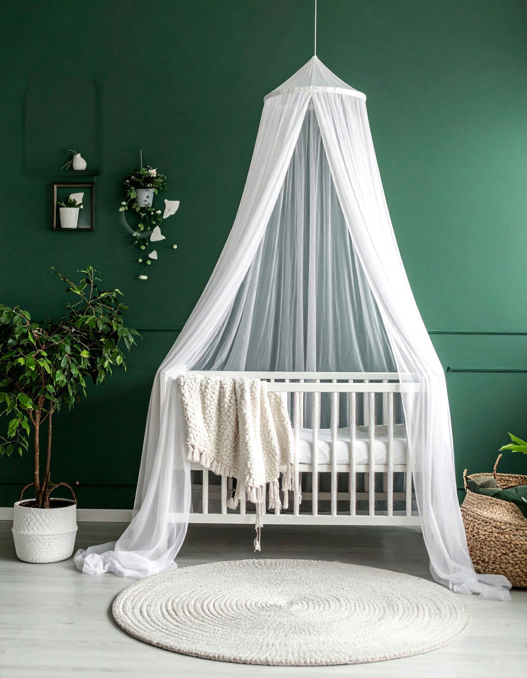 Dark Green Nursery and a Canopy Crib - 25 Dark Green Nursery Ideas for a Calming Space