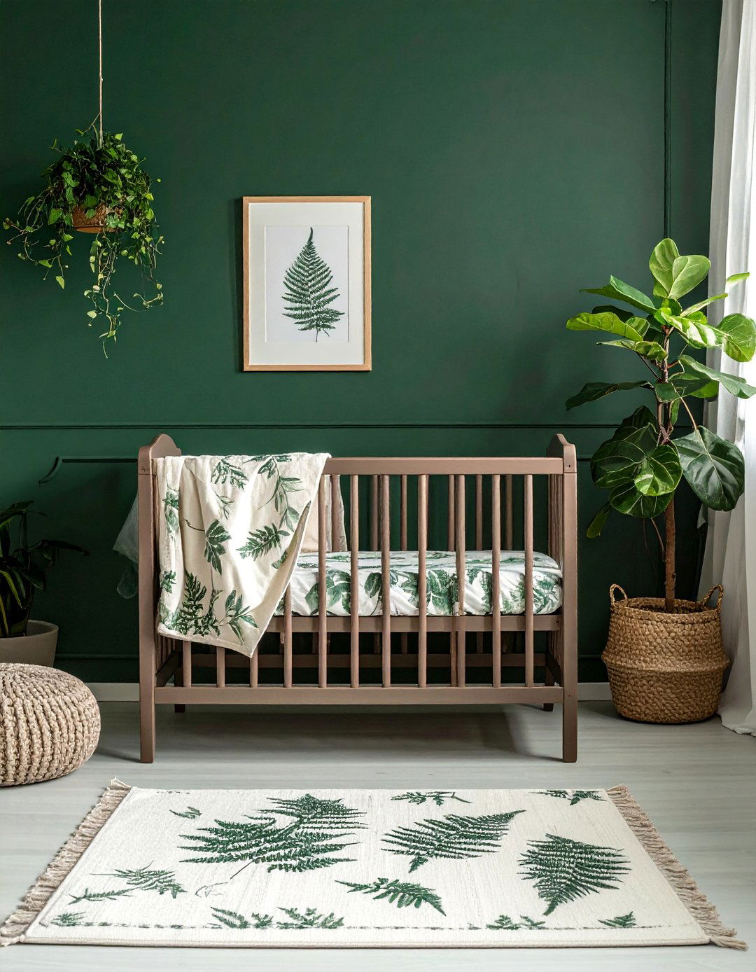 Dark Green Nursery with Botanical Print Bedding - 25 Dark Green Nursery Ideas for a Calming Space