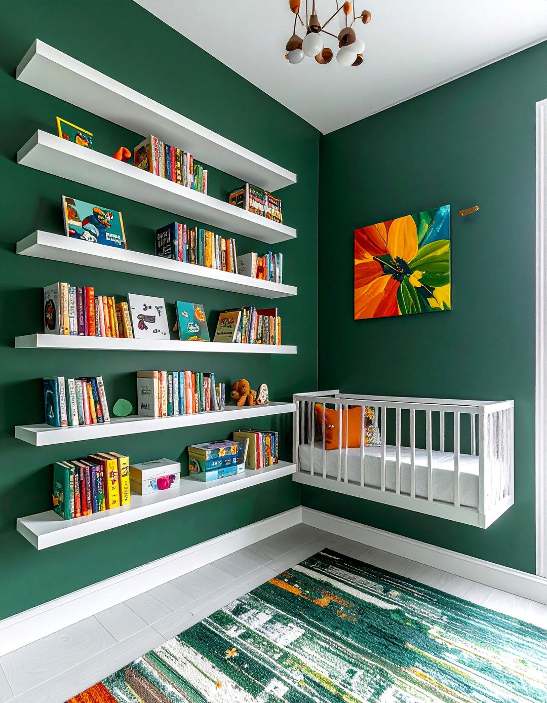 Dark Green Nursery with Floating Bookshelves - 25 Dark Green Nursery Ideas for a Calming Space