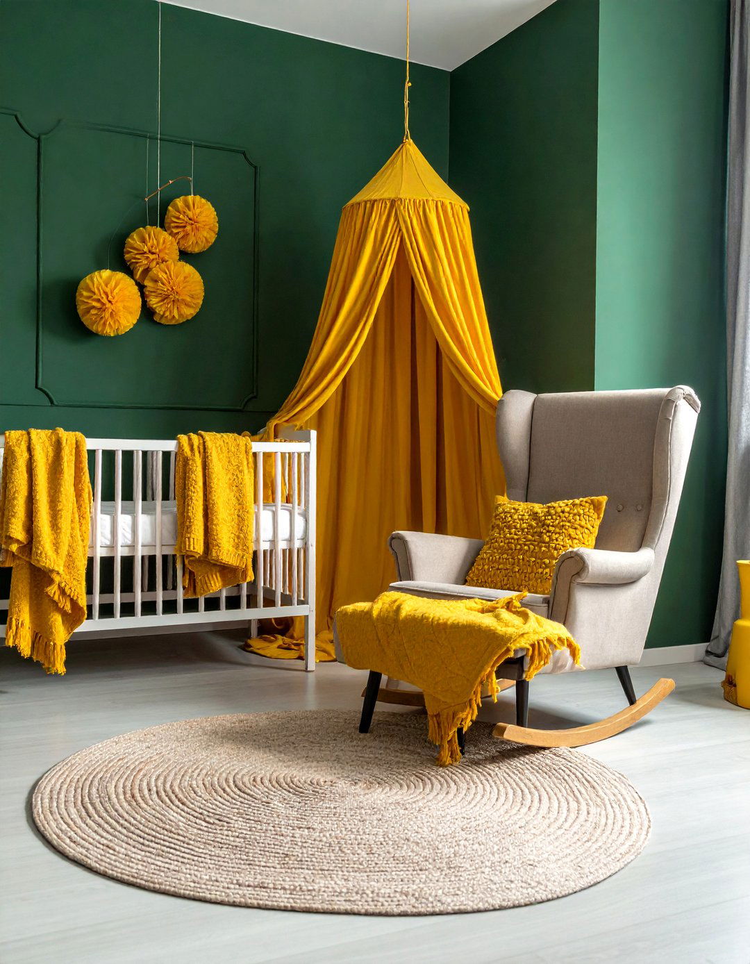 Dark Green Nursery with Mustard Yellow Accents - 25 Dark Green Nursery Ideas for a Calming Space