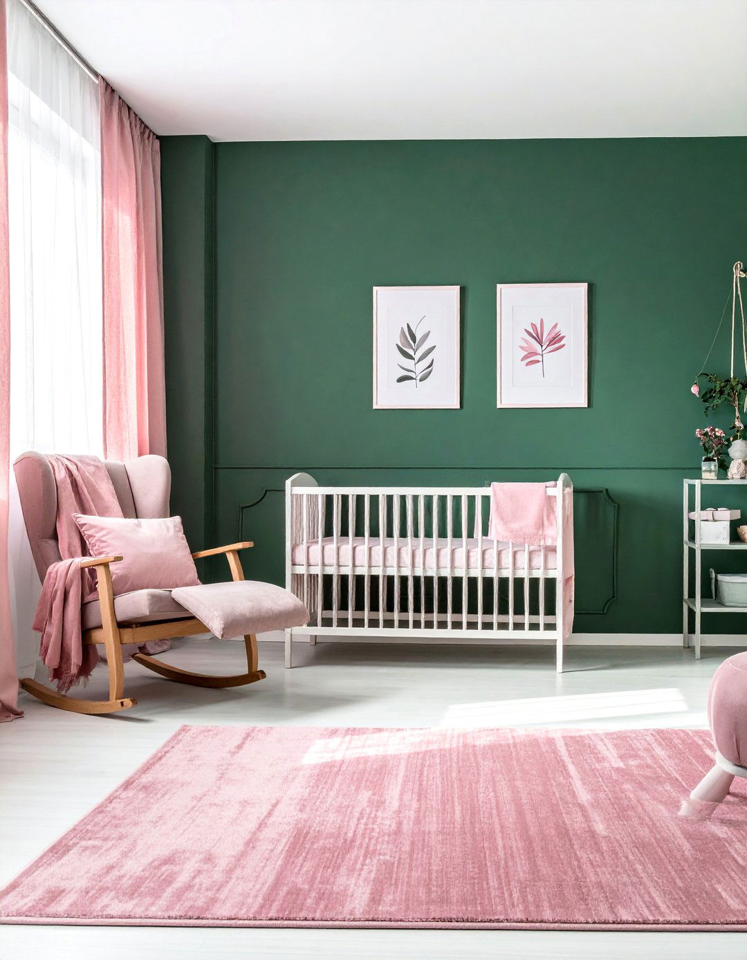 Dark Green Nursery with Soft Pink Accents - 25 Dark Green Nursery Ideas for a Calming Space