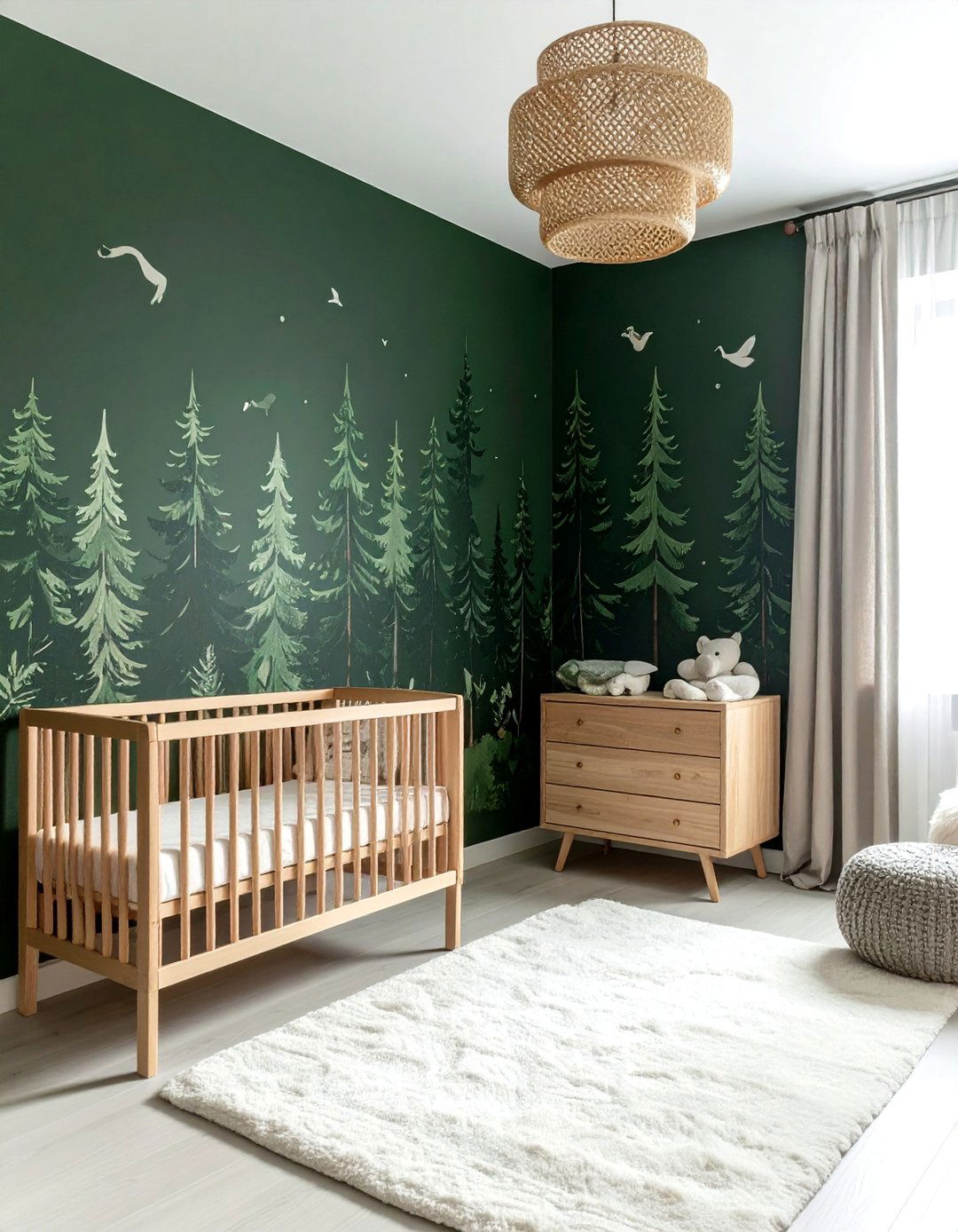 Dark Green Nursery with a Forest Mural Accent Wall - 25 Dark Green Nursery Ideas for a Calming Space