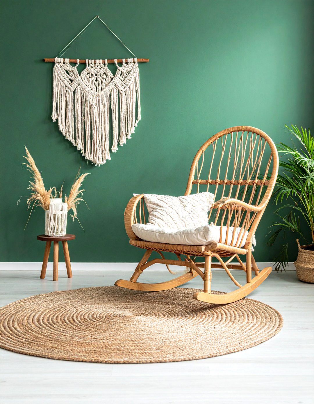 Dark Green Nursery with a Rattan Rocking Chair - 25 Dark Green Nursery Ideas for a Calming Space