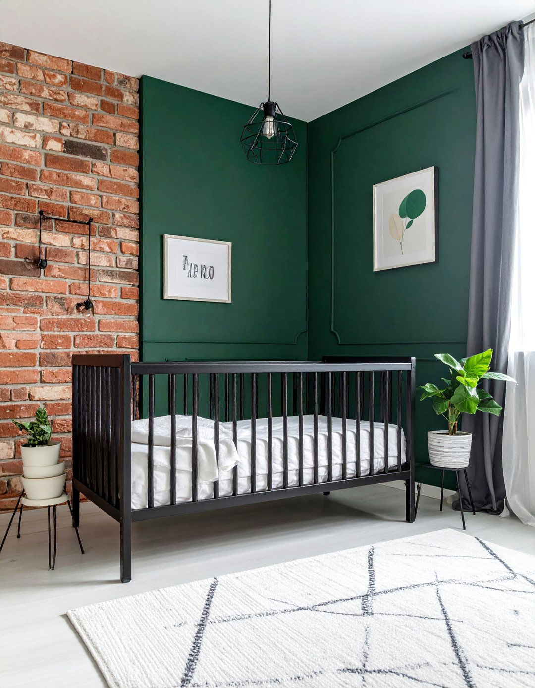 Dark Green Nursery with an Exposed Brick Wall - 25 Dark Green Nursery Ideas for a Calming Space