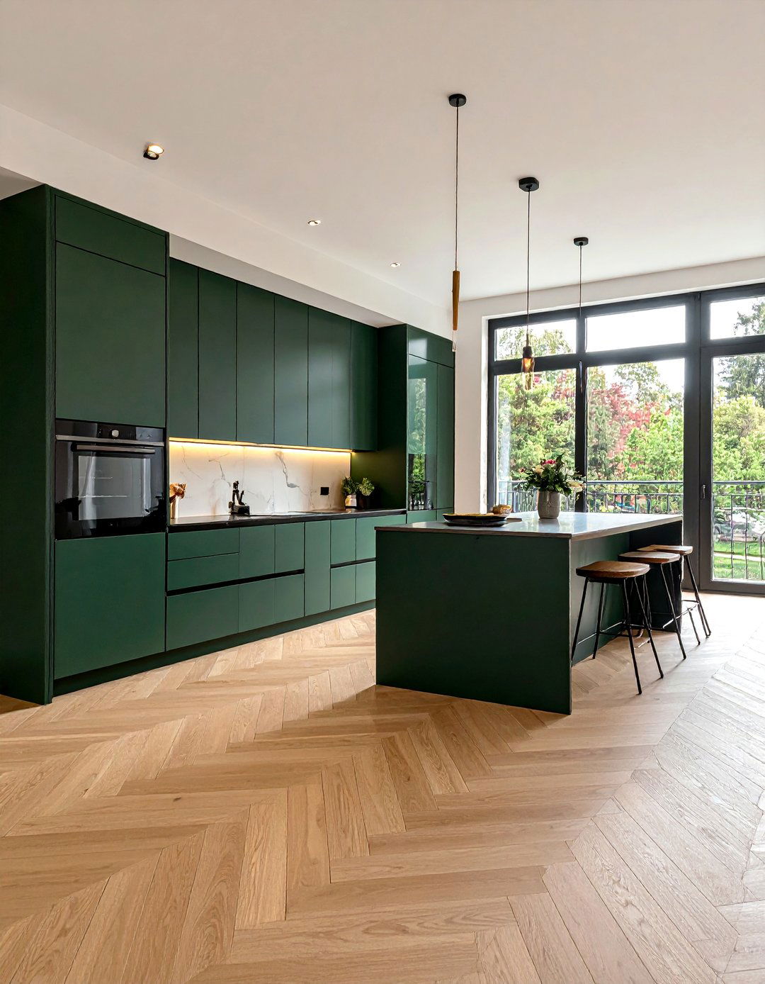 Dark Green Paired with Light Wood Flooring - 40 Dark Green Kitchen Ideas for a Bold and Stylish Look