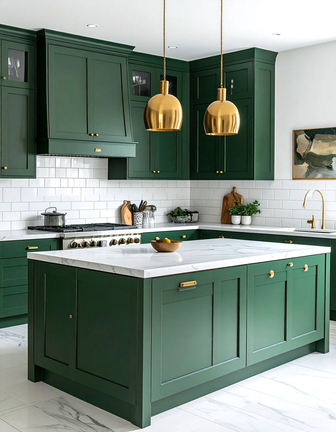 Dark Green Shaker Cabinets with Brass Hardware - 40 Dark Green Kitchen Ideas for a Bold and Stylish Look