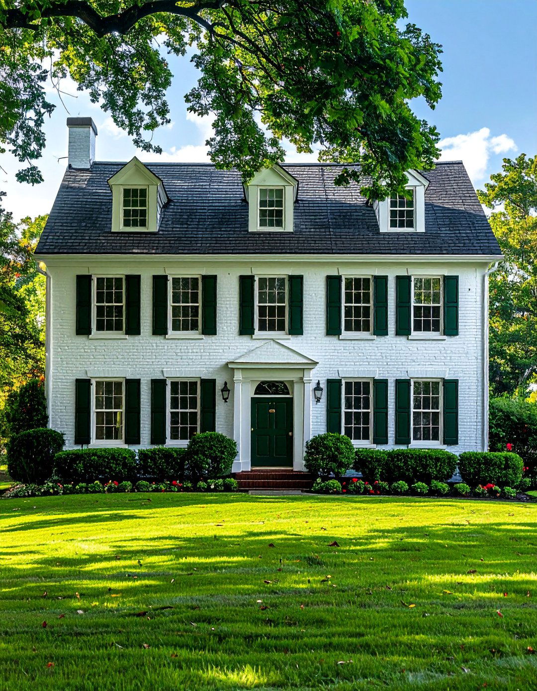 Dark Green Shutters on a White Brick House - 40 Dark Green Exterior Paint Color Schemes for Bold Homes