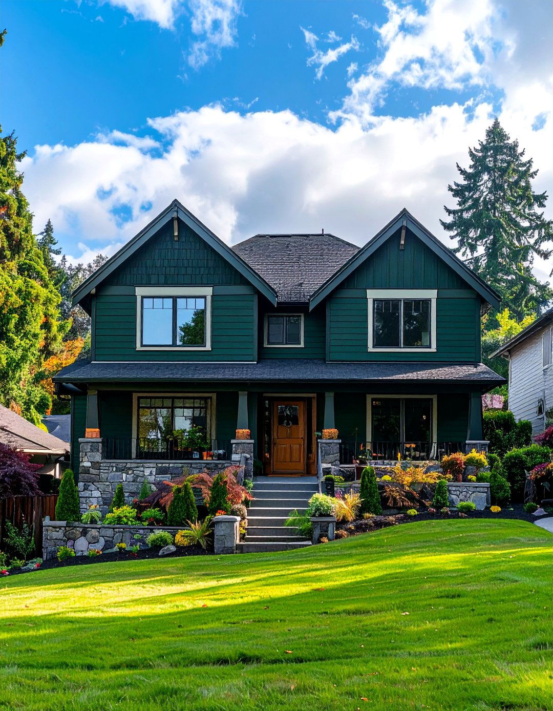 Dark Green Upper and Stone Lower Facade - 40 Dark Green Exterior Paint Color Schemes for Bold Homes