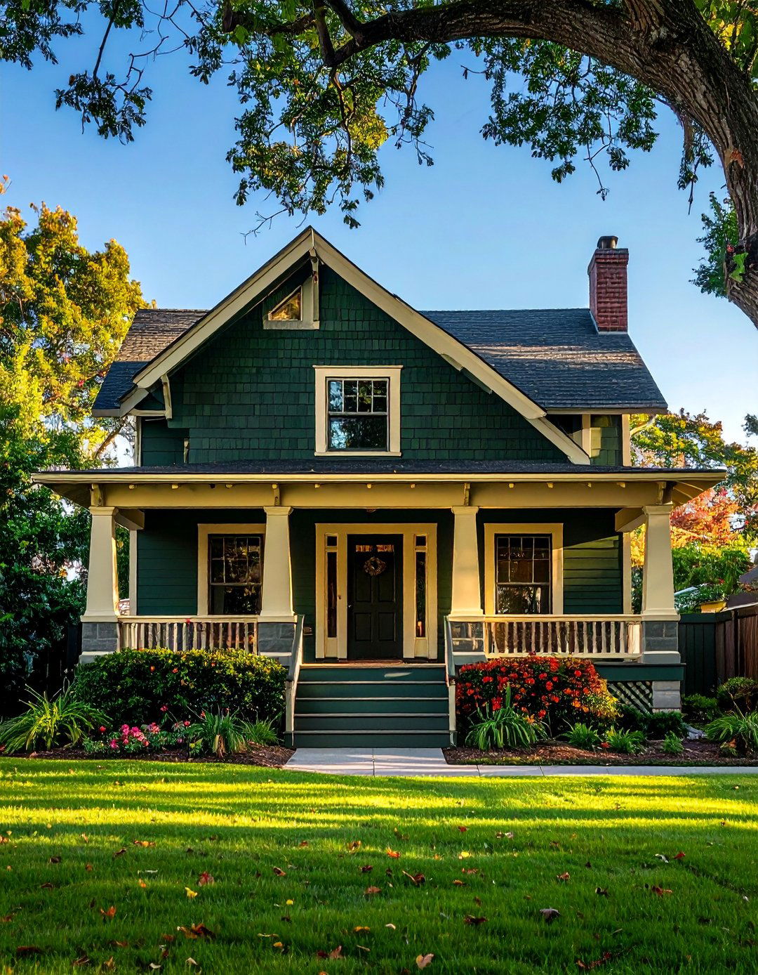 Dark Green on a Craftsman Style Bungalow - 40 Dark Green Exterior Paint Color Schemes for Bold Homes