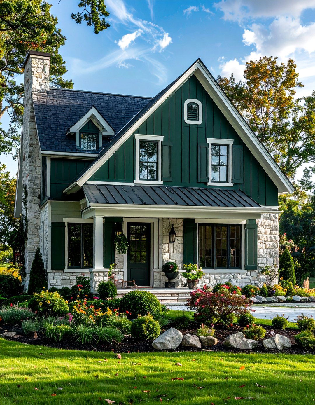 Dark Green with White Washed Stone - 40 Dark Green Exterior Paint Color Schemes for Bold Homes