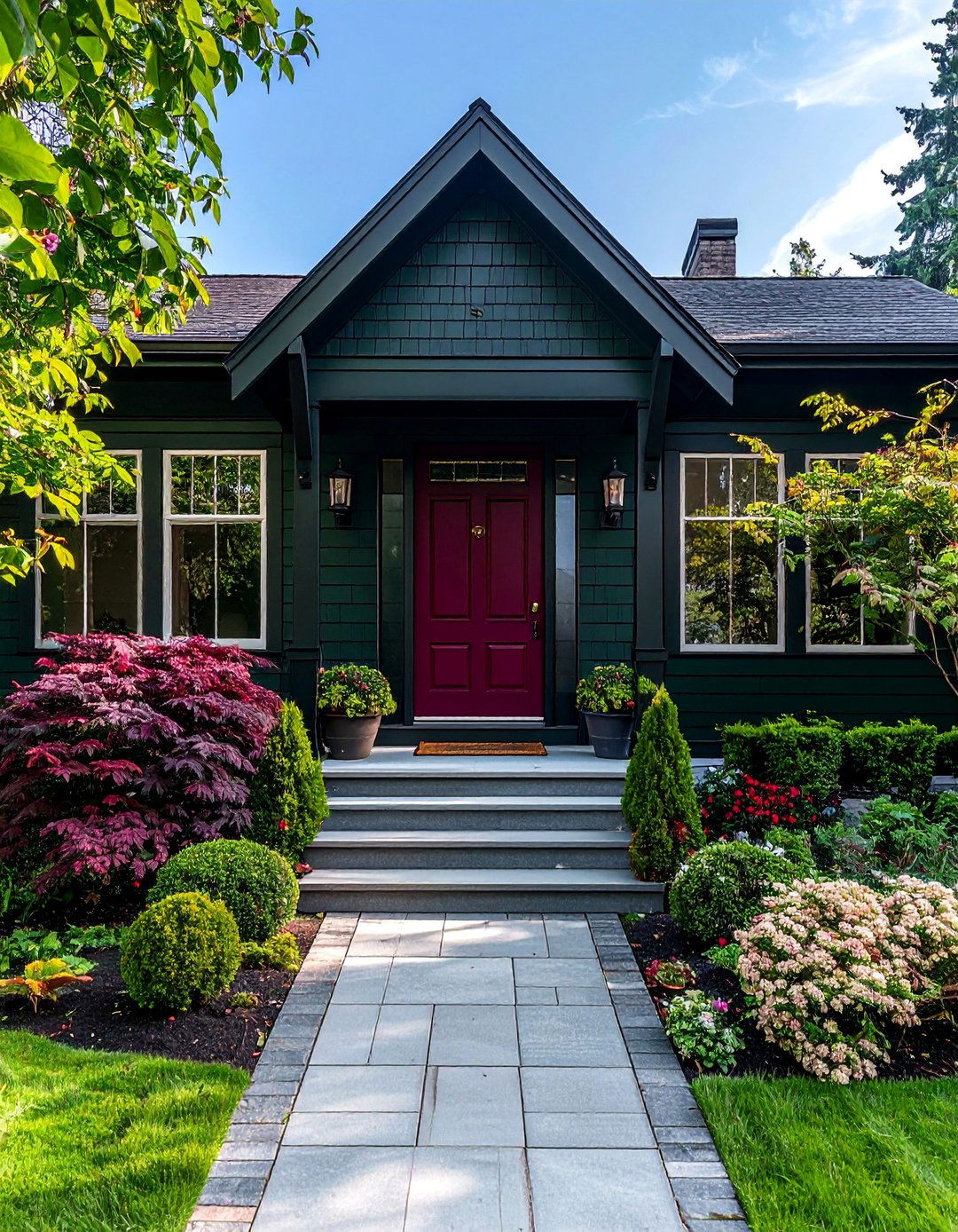 Dark Green with a Burgundy Front Door - 40 Dark Green Exterior Paint Color Schemes for Bold Homes