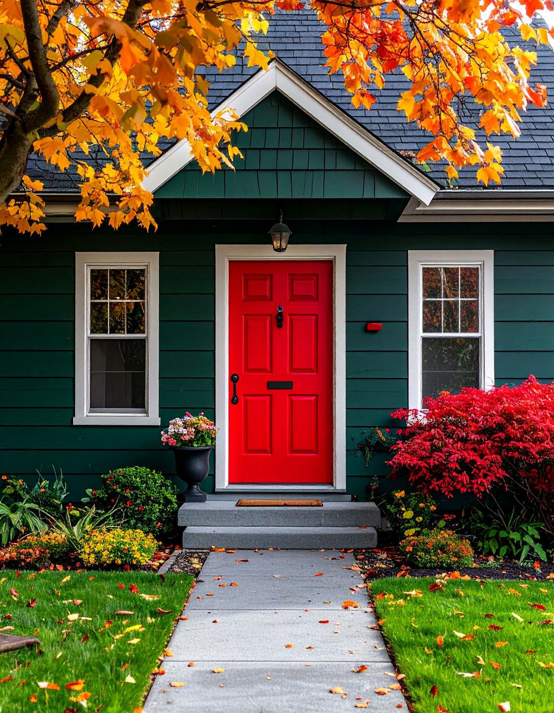 Dark Green with a Classic Red Front Door - 40 Dark Green Exterior Paint Color Schemes for Bold Homes