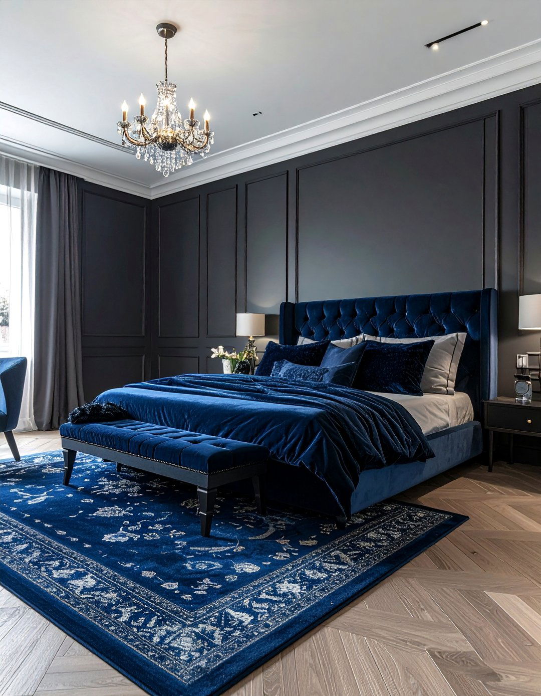 Dark Grey Bedroom Paired with Navy Blue Accents - 30 Dark Grey Bedroom Ideas for a Sophisticated Retreat