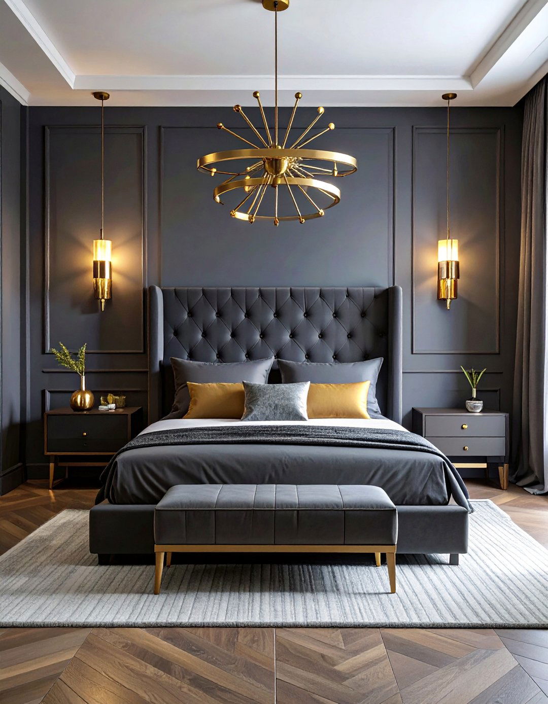 Dark Grey Bedroom with Brushed Gold Accents - 30 Dark Grey Bedroom Ideas for a Sophisticated Retreat