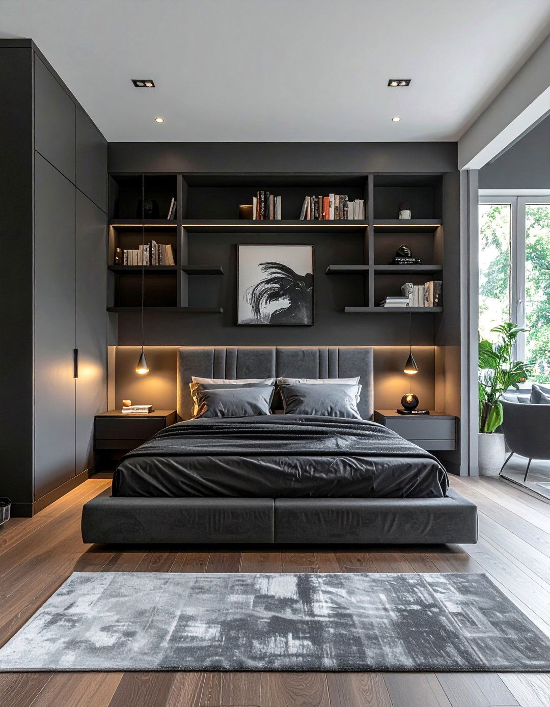 Dark Grey Bedroom with Built In Shelving - 30 Dark Grey Bedroom Ideas for a Sophisticated Retreat