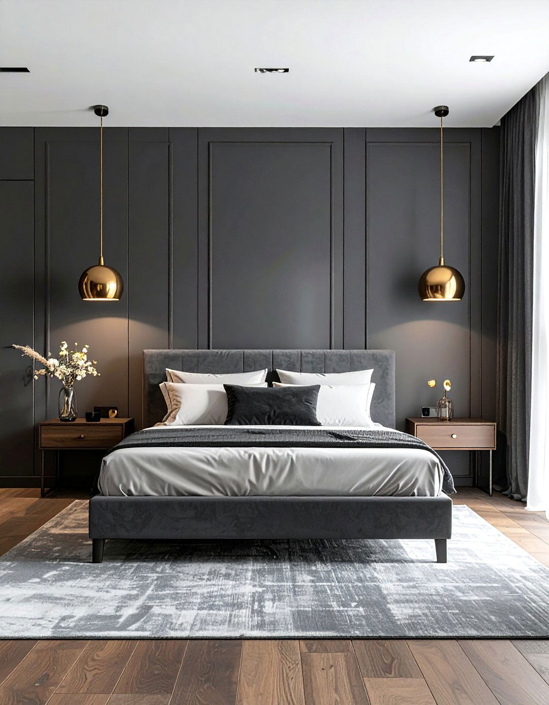 Dark Grey Bedroom with Chic Pendant Lights - 30 Dark Grey Bedroom Ideas for a Sophisticated Retreat