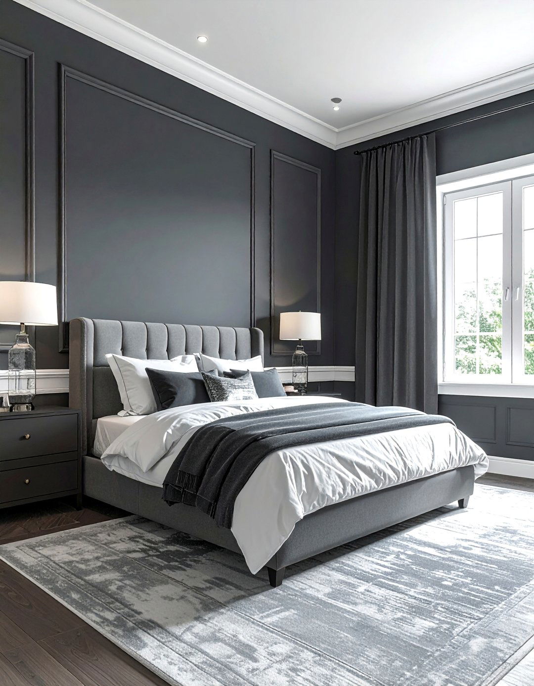 Dark Grey Bedroom with Crisp White Trim - 30 Dark Grey Bedroom Ideas for a Sophisticated Retreat