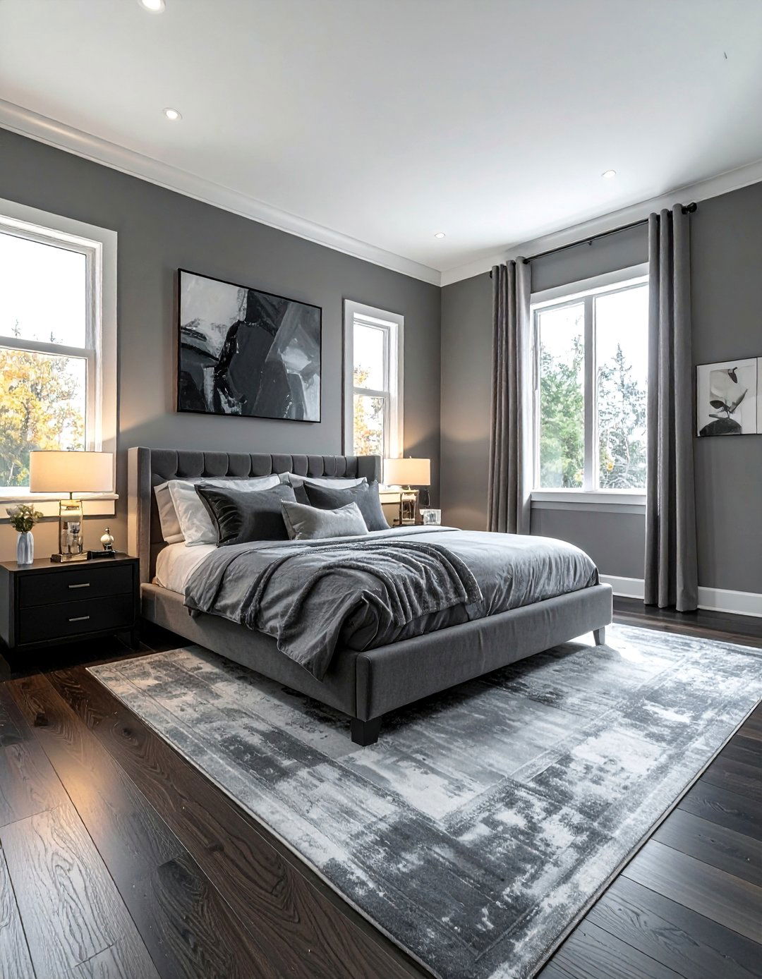 Dark Grey Bedroom with Dark Wood Flooring - 30 Dark Grey Bedroom Ideas for a Sophisticated Retreat