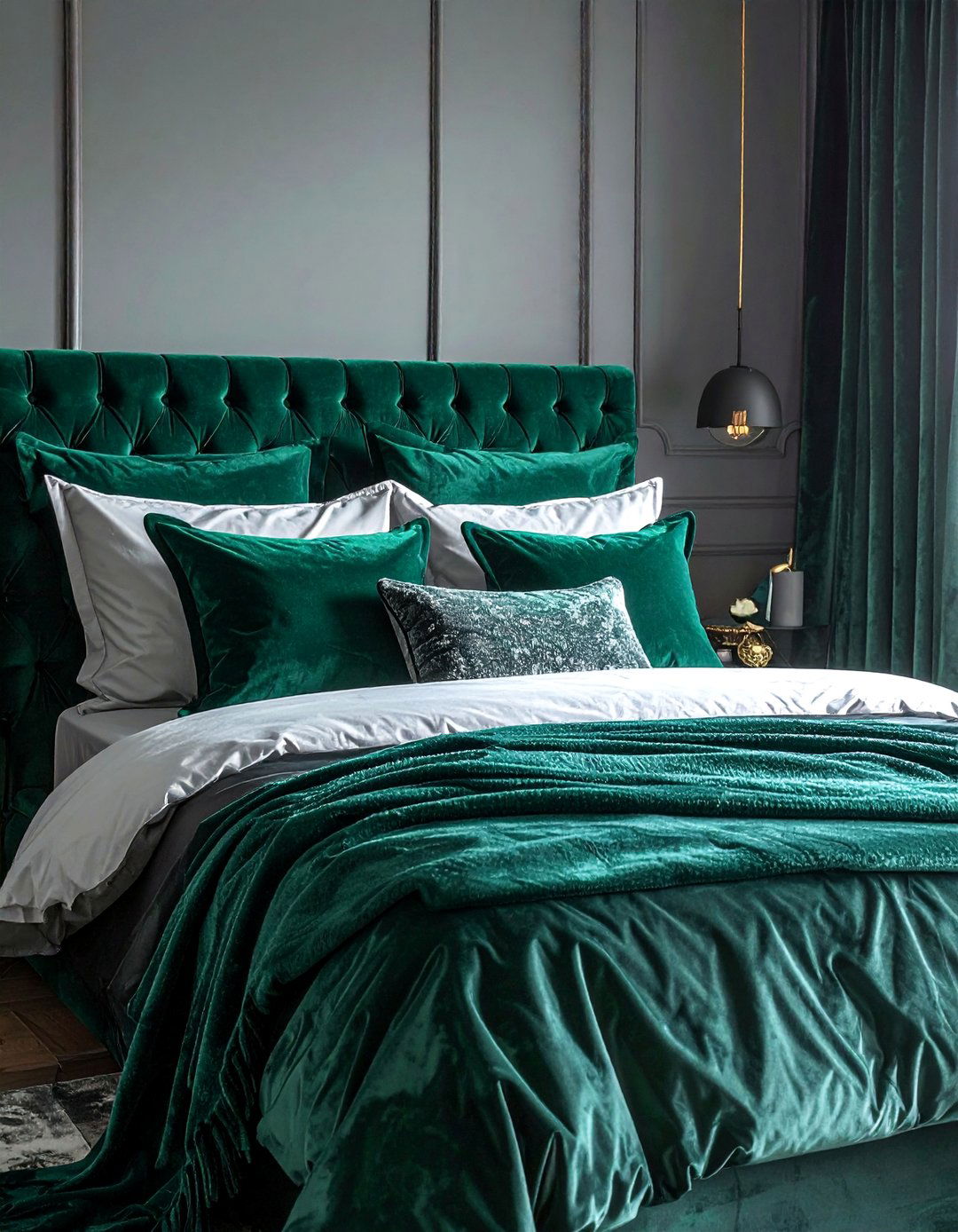 Dark Grey Bedroom with Emerald Green Details - 30 Dark Grey Bedroom Ideas for a Sophisticated Retreat
