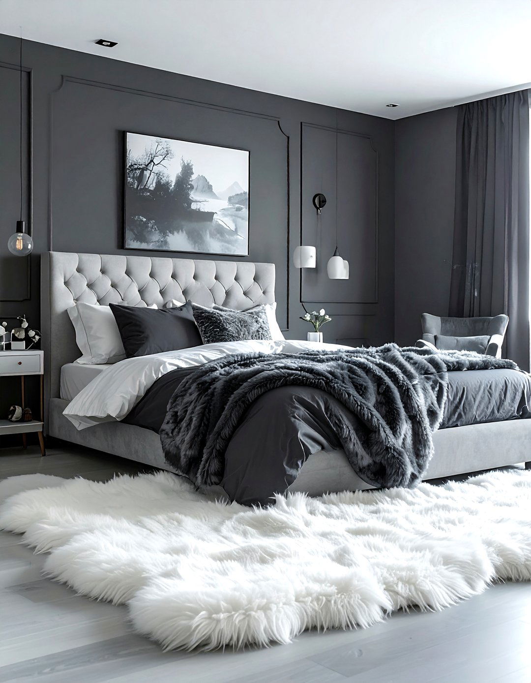 Dark Grey Bedroom with Faux Fur Textures - 30 Dark Grey Bedroom Ideas for a Sophisticated Retreat