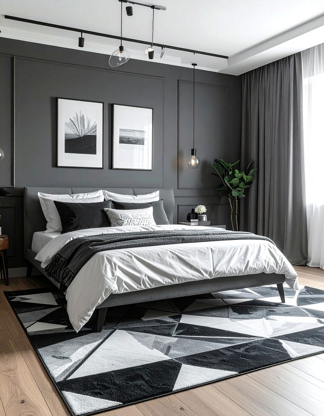Dark Grey Bedroom with Geometric Patterns - 30 Dark Grey Bedroom Ideas for a Sophisticated Retreat