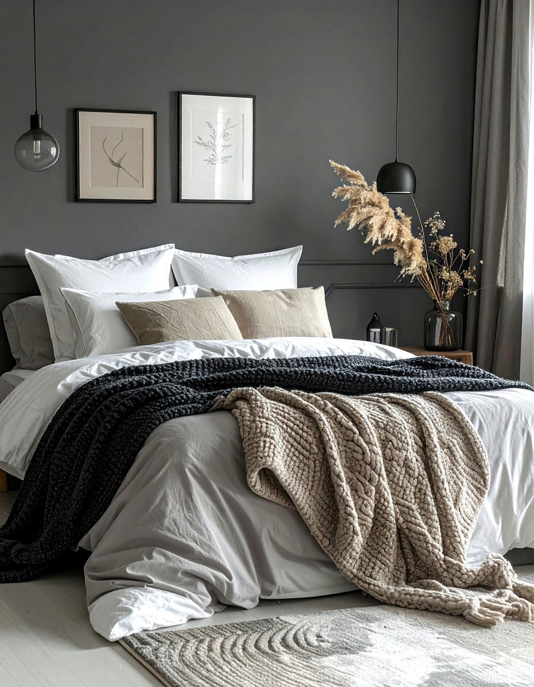 Dark Grey Bedroom with Layered Neutral Bedding - 30 Dark Grey Bedroom Ideas for a Sophisticated Retreat