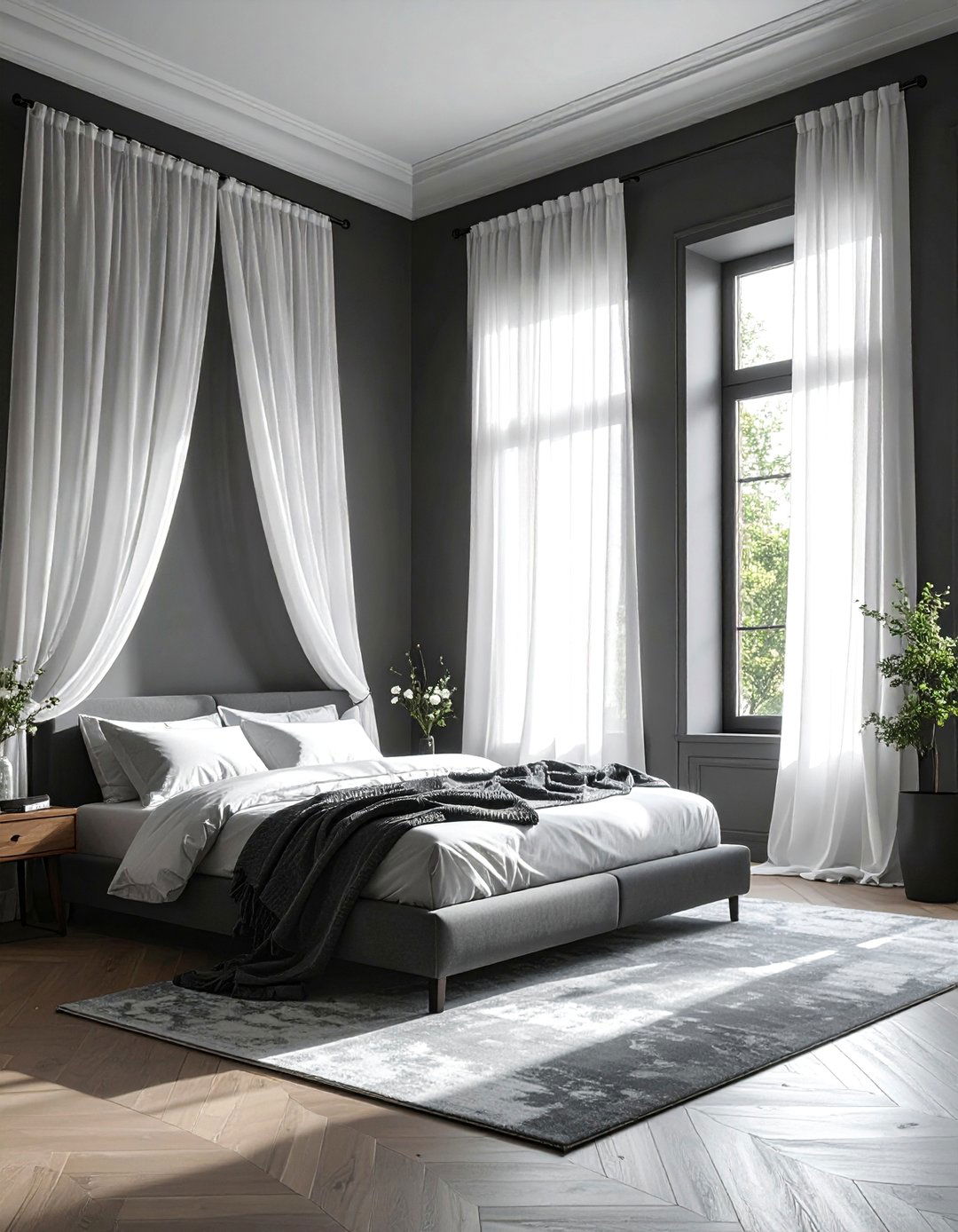 Dark Grey Bedroom with Light Filtering Sheer Curtains - 30 Dark Grey Bedroom Ideas for a Sophisticated Retreat